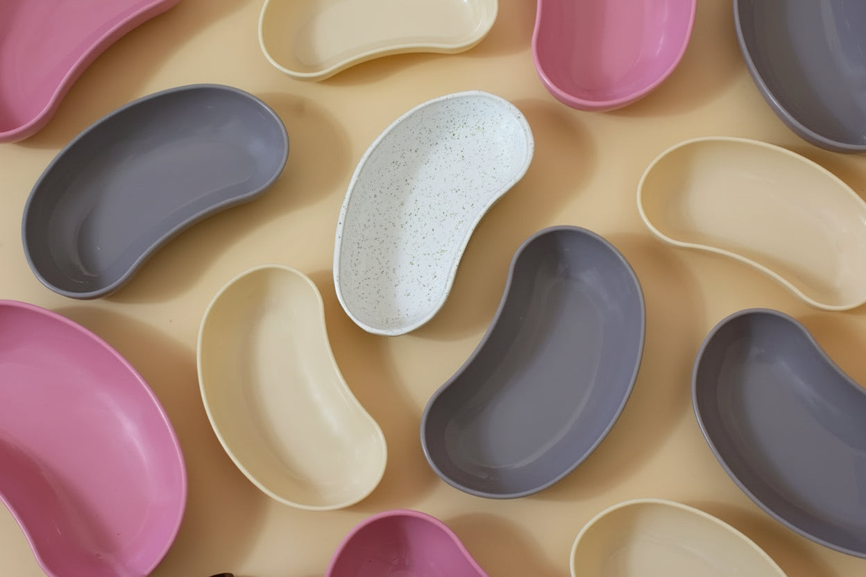 Collection of colorful beauty bowls on a beige background
